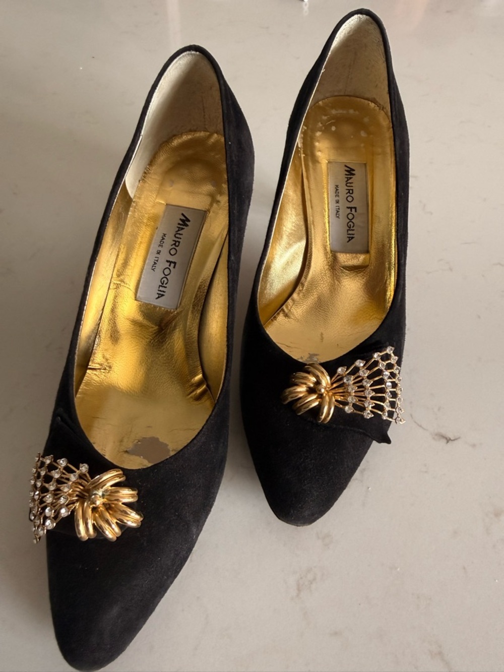 Black Suede Pointed Pumps with Gold Accent